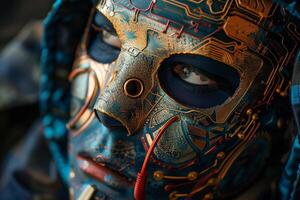 A person with a mask that has a lot of electronics on it photo