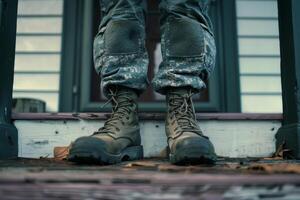 A soldier's boots on the steps of a house photo