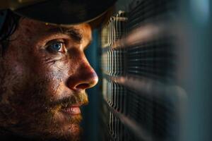 A man with a beard and hat looking out the window photo