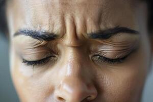 A woman with a closed eye and a frown photo