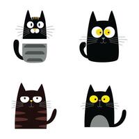 Set of Black Funny Naughty Cat Animal Cartoon Character with Humor Curious Lazy Face vector