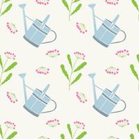 Spring vibe. Pattern with garden watering can and pink berry, green twigs. Work in spring garden and vegetable garden, planting and watering. vector