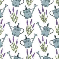 Work in spring garden and vegetable garden, planting and watering. Spring vibe. Pattern with garden watering can and lavender flowers. vector