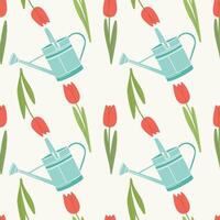 Pattern with garden watering can and red tulips. Spring vibe. Work in spring garden and vegetable garden, planting and watering. vector