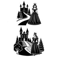 Two black and white illustrations of a castle and a princess vector
