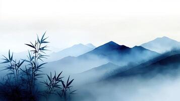 A mountain range with bamboo trees in the foreground photo