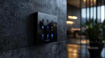 A smart device with a blue screen is mounted on a wall photo