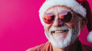 A smiling man wearing sunglasses and a santa hat photo