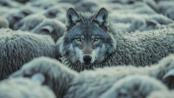 A wolf stands alert in the midst of a thick flock of sheep during the twilight hours, showcasing the contrast of predator and prey in a tranquil countryside landscape photo