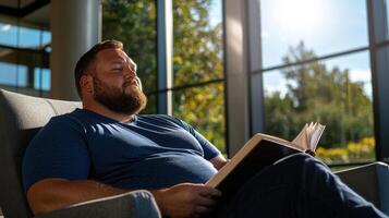 A man with a beard sitting in a chair reading a book photo