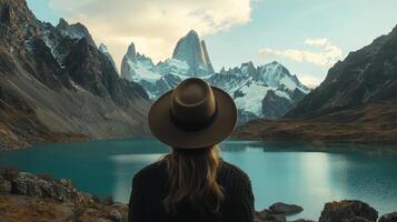 A woman in a hat looking at a lake and mountains photo