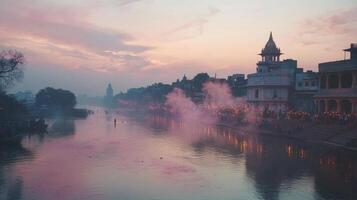 A river with smoke coming out of it at sunset photo