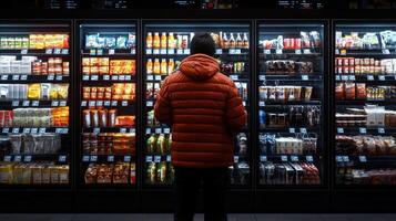 A man in an orange jacket is standing in front of a refrigerator photo