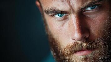 A close up of a man with a beard and blue eyes photo