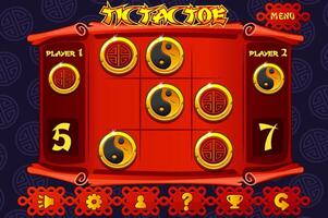 TIC TAC TOE game UI in Chinese themed. Chinese icons- yin yang and lucky coins. Board logic game for your game development UI. strategy game noughts and crosses vector