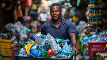 A man carrying a cart full of plastic bottles photo