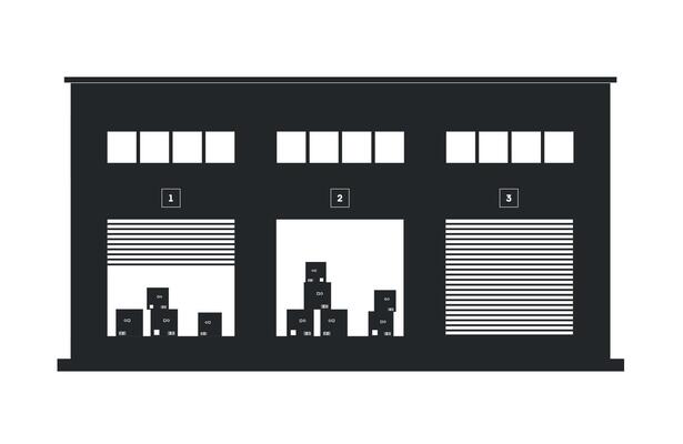 Black silhouette icon of warehouse with boxes on white background. Logistics, export concept.