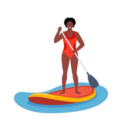 Happy black woman holds a paddle in his hands and stands on a sup board. Summer active rest on the sea or river. Sup boarding. illustration.