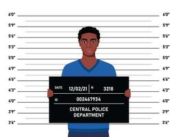 Criminal mugshot front view on measuring scale background in police station. Arrested man posing for identification photo. illustration. vector