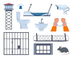 Prison elements. Observation tower, bed, window, prison bars, toilet bowl, sink, jail cell, rat, barbed wire, hands in handcuffs, security camera. Penitentiary system concept icons. . vector