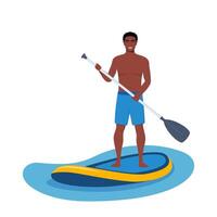 Happy black man holds a paddle in his hands and stands on a sup board. Summer active rest on the sea or river. Sup boarding. illustration. vector