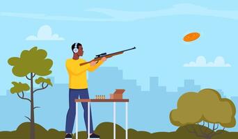 Black man with shotgun practicing clay pigeon shooting. illustration for web and mobile design. vector