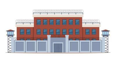 Prison building surrounded by high fence with barbed wire metallic border. Jail house with observation towers for prisoners. Punishment and judgement for crime. Illustration. vector