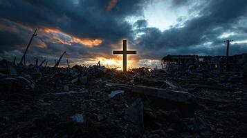 A cross is shown in the sky above a desolate landscape photo
