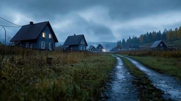 A dark road leads to a small village in the rain photo