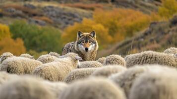 A wolf stands alert among a flock of sheep in a picturesque rural area. The vibrant autumn foliage creates a striking backdrop for nature's playful predator-prey dynamic photo