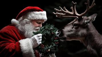 A santa dressed in red and white is holding a wreath and kissing a deer photo