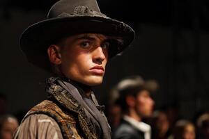 A man in a hat and vest stands in front of a crowd photo