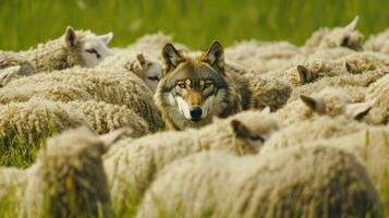 Wolf in a flock of sheep photo