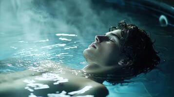 A man is floating in a pool of water photo