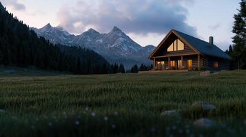 A cabin in the mountains with mountains in the background photo
