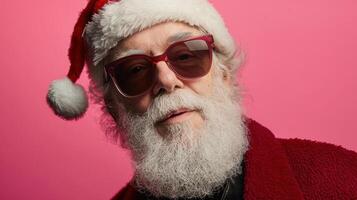 A man with a beard and sunglasses wearing a santa hat photo