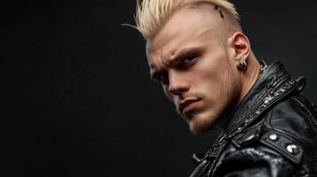 Portrait of a young man with a mohawk and piercings on a black background photo