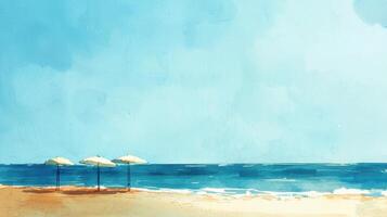 Watercolor painting of beach with umbrellas and sun photo