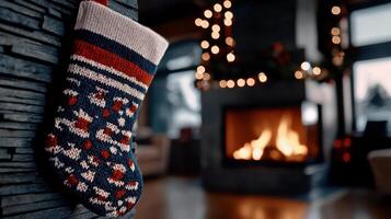 A christmas stocking hanging on a fireplace photo