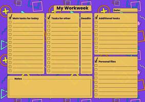 A vibrant weekly task planner with sections for main tasks, additional tasks, personal files, and deadlines. vector