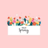 A bright illustration with the phrase surrounded by flowers in a flat style. A spring minimalist design with tulips, daffodils, and decorative elements on a pastel background. vector