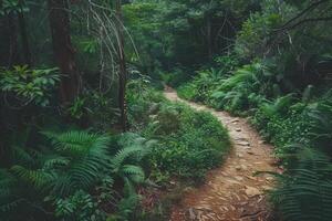 A path through the woods with ferns and trees photo