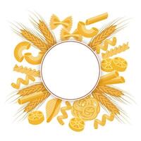 Round frame with different types of traditional pasta on white background. Italian pasta set, label, restaurant menu, background. Food illustration. vector