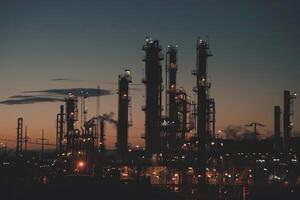 A large industrial complex with many tall buildings and a dark sky photo
