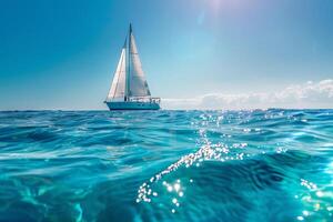A sailboat in the ocean with the sun shining photo