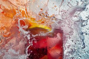A splash of a drink with a lemon slice in it photo
