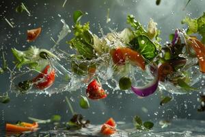 A close up of a salad with a lot of water splashing around it photo