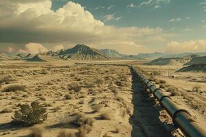 A pipe line in the desert with mountains in the background photo