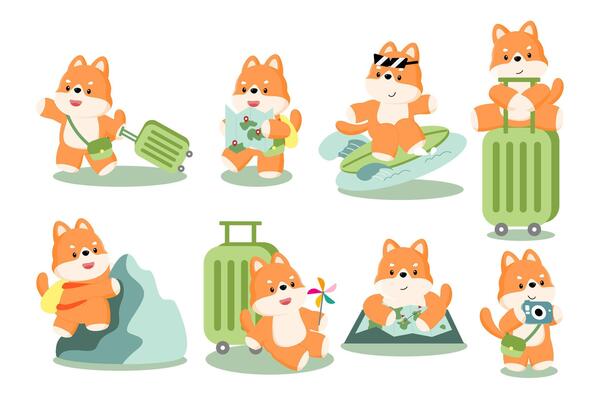 Shiba Inu travel collection.A fun collection of Shiba Inu dogs in various travel activities including holding a suitcase, exploring with a map, surfing, hiking, and capturing memories.
