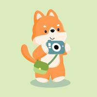 A Shiba Inu holding a camera, capturing memories of its travel adventure. This image represents a curious traveler documenting its journey. vector